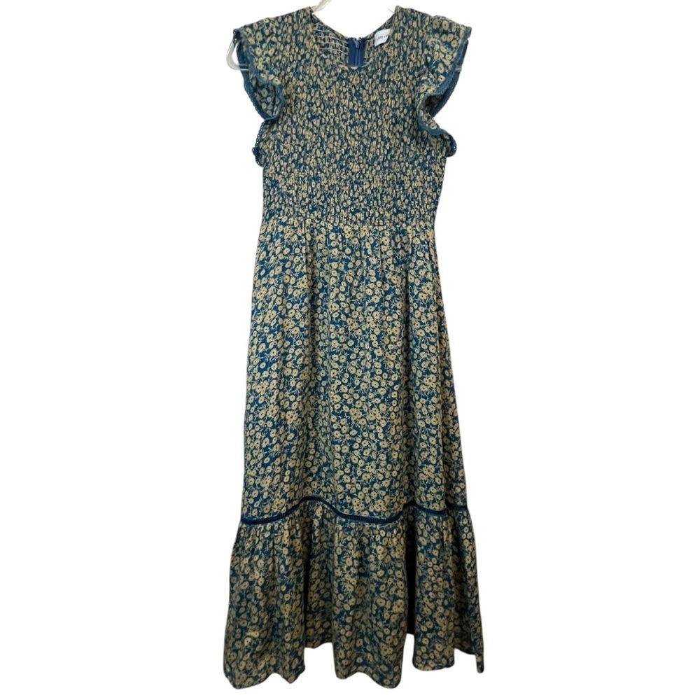 Lost + Wander Blossom Bloom Teal Gold Ditzy Floral Smocked Bodice Dress SZ XS - Picture 2 of 16
